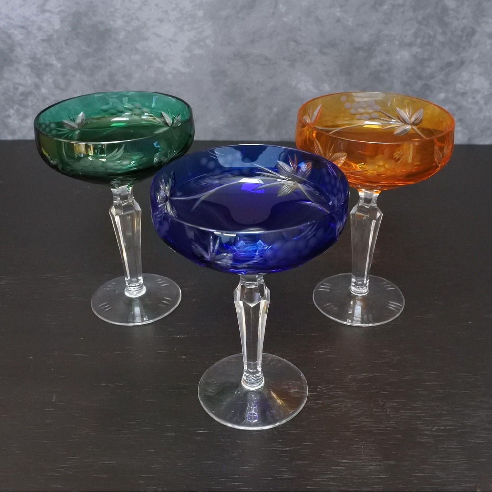 Vintage Crystal Cut To Clear Colorful Champagne Coupe Glasses Set